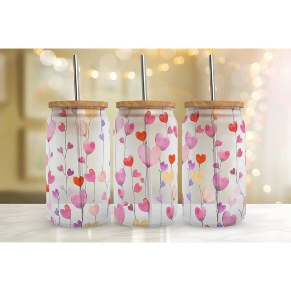 Heart Flowers  16oz Glass Libbey Can Tumbler Clear or Frosted Cup Lid, Straw - Picture 1 of 3